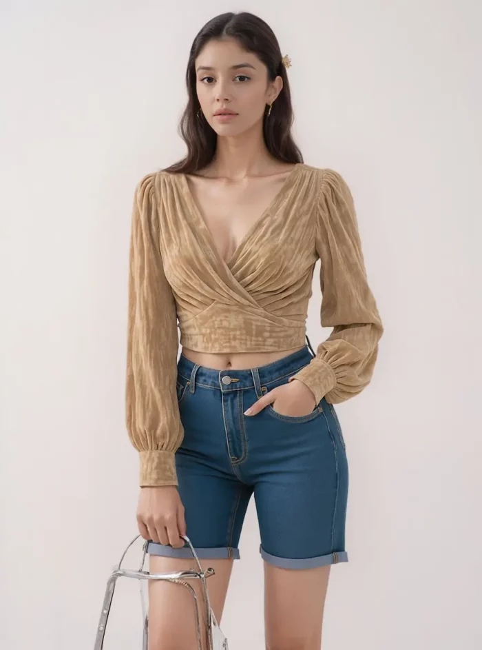 Velvet Wrap Front Puff Sleeve Crop Top - Image 3