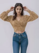 Velvet Wrap Front Puff Sleeve Crop Top - Image 4