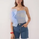 Strappy Shoulder Ruffle Mesh Crop Top