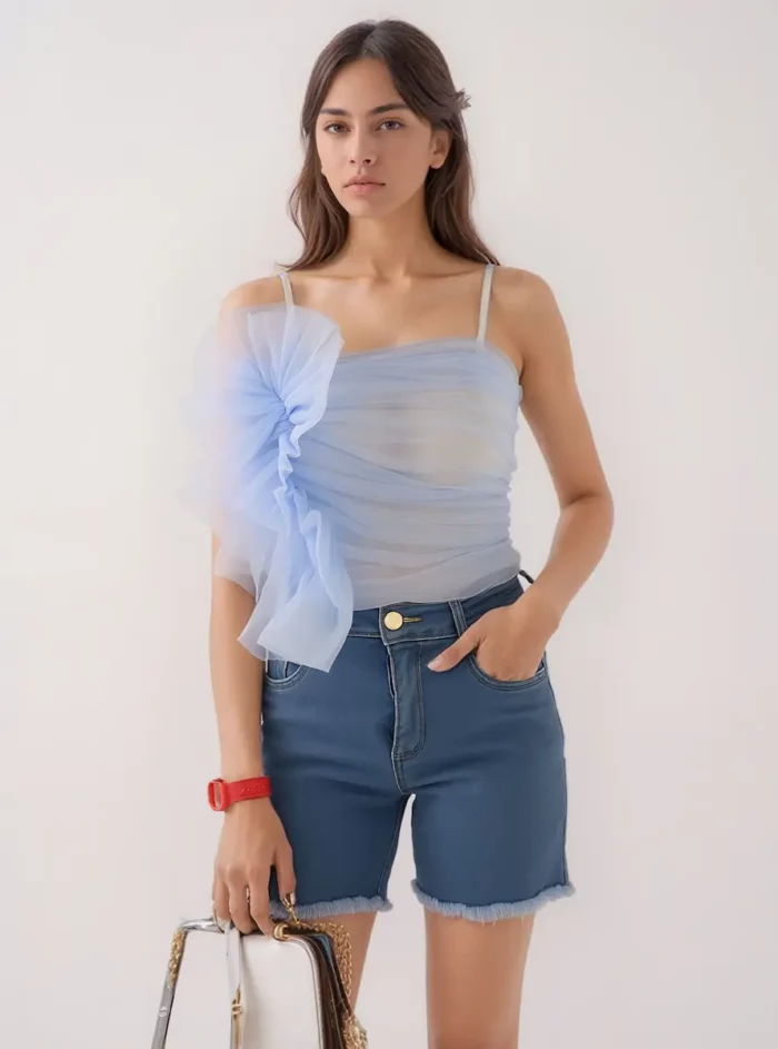 Ethereal One-Shoulder Ruffle Mesh Top - Image 1