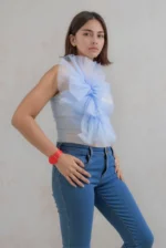 Strappy Shoulder Ruffle Mesh Crop Top - Image 2