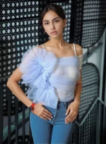 Strappy Shoulder Ruffle Mesh Crop Top - Image 3