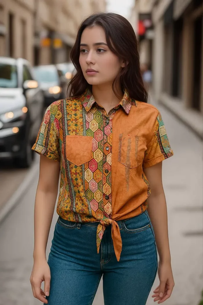 Boho Patchwork Front Tie Shirt - Image 2