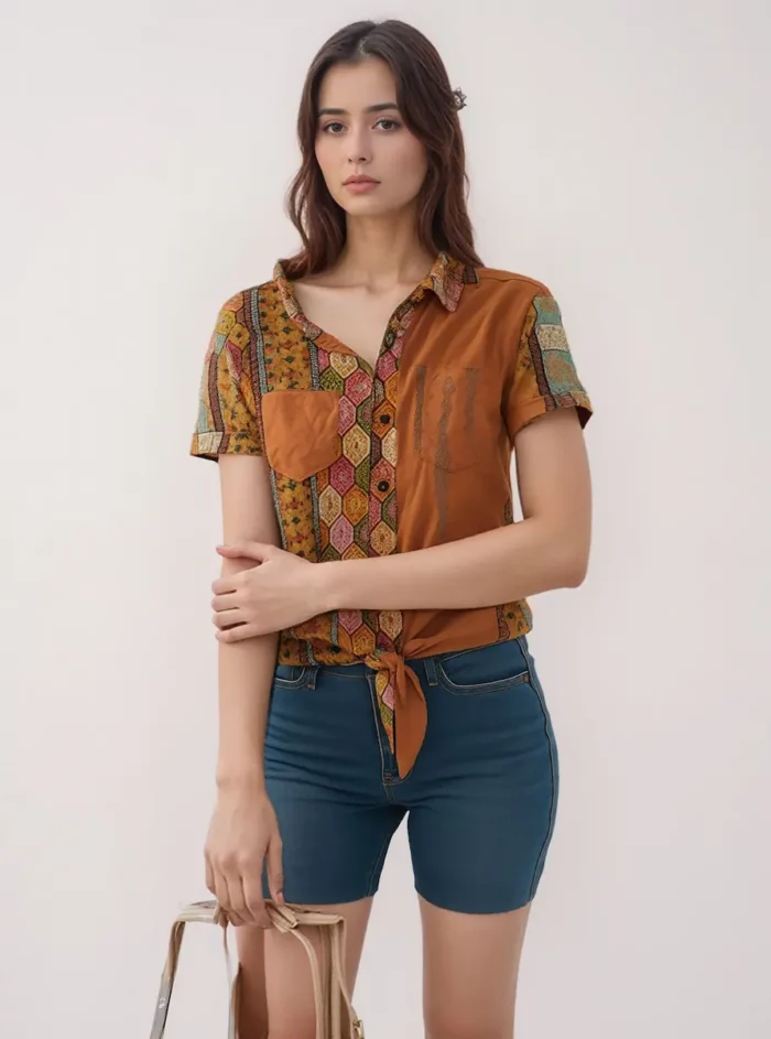 Boho Patchwork Front Tie Shirt - Image 4