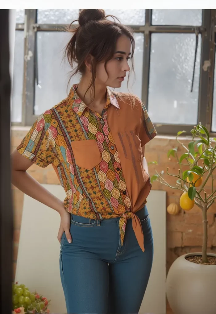 Boho Patchwork Front Tie Shirt - Image 5