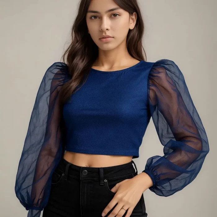 Blue Puff Sleeve Crop Top - Image 1