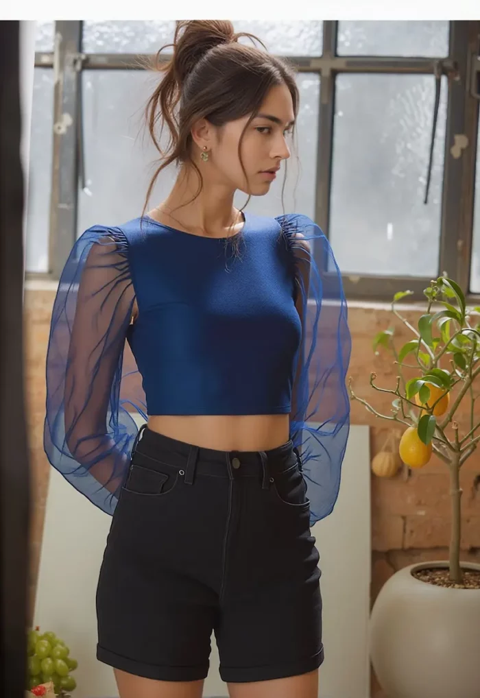 Blue Puff Sleeve Crop Top - Image 4