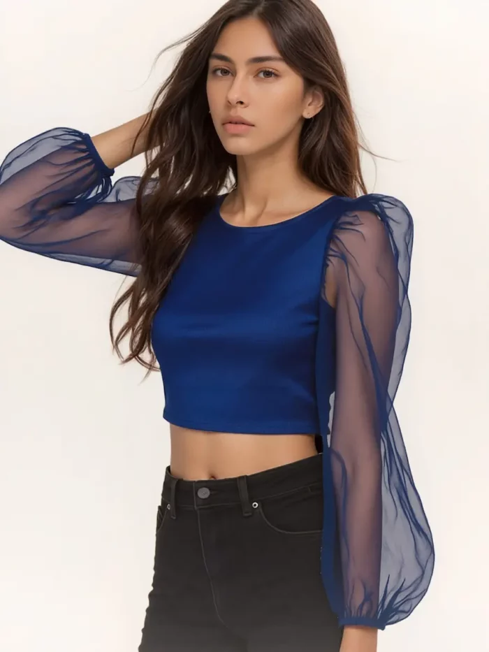 Blue Puff Sleeve Crop Top - Image 5