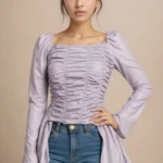 Lavender Ruched Long Sleeve Top with Asymmetrical Hem