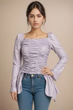 Lavender Ruched Long Sleeve Top with Asymmetrical Hem
