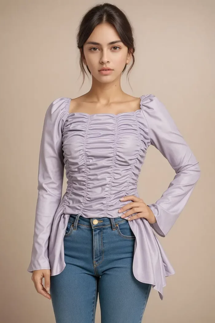 Lavender Ruched Long Sleeve Top With Asymmetrical Hem - Image 1
