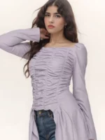 Lavender Ruched Long Sleeve Top with Asymmetrical Hem - Image 2