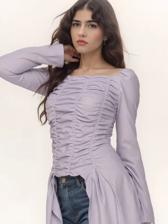 Lavender Ruched Long Sleeve Top With Asymmetrical Hem - Image 2