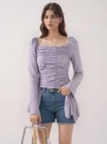 Lavender Ruched Long Sleeve Top with Asymmetrical Hem - Image 3