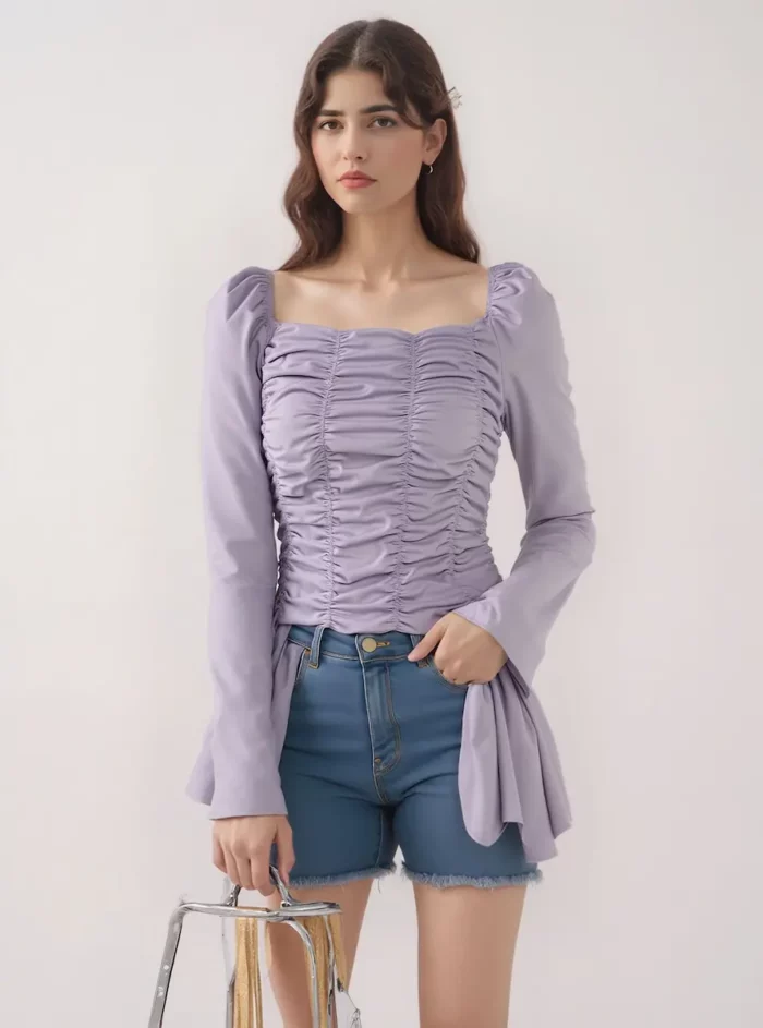 Lavender Ruched Long Sleeve Top With Asymmetrical Hem - Image 3