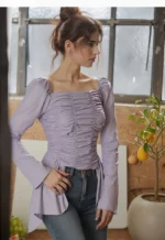 Lavender Ruched Long Sleeve Top with Asymmetrical Hem - Image 4