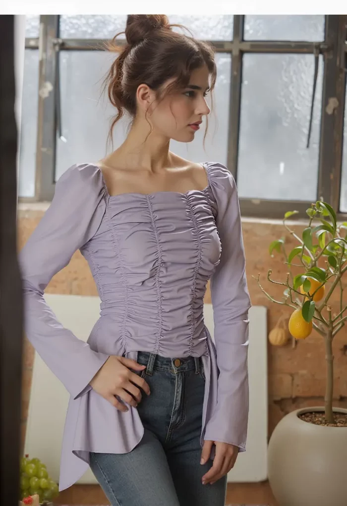 Lavender Ruched Long Sleeve Top With Asymmetrical Hem - Image 4