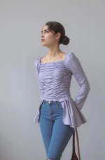 Lavender Ruched Long Sleeve Top with Asymmetrical Hem - Image 5