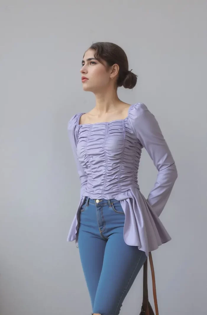 Lavender Ruched Long Sleeve Top With Asymmetrical Hem - Image 5