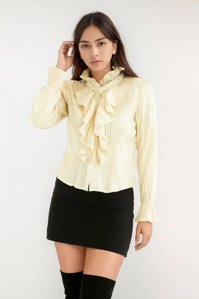 Elegant Ruffled High-Neck Pleated Top - Image 1