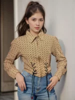 Retro Geo-Print Corset-Style Zip-Up Top