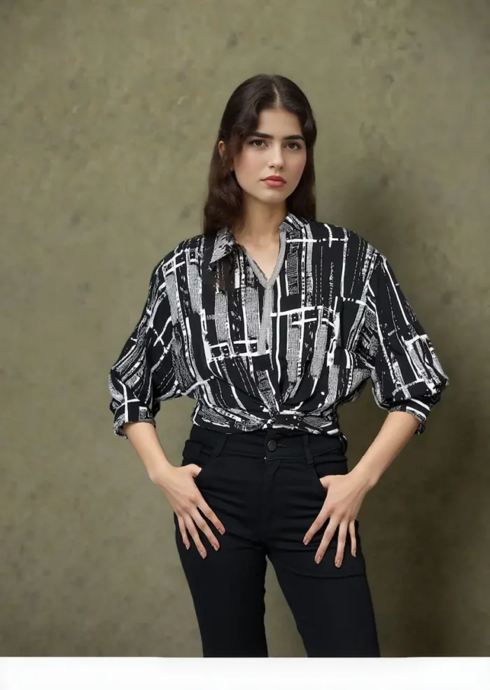 Black &Amp; White Abstract Print Button-Up Shirt - Image 3