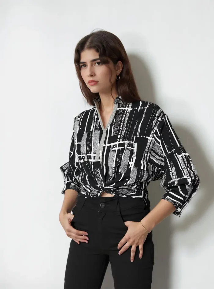 Black &Amp; White Abstract Print Button-Up Shirt - Image 4