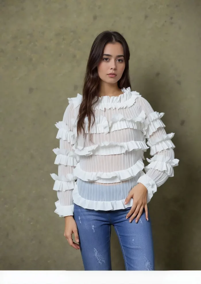 White Ruffle Layered Off-Shoulder Pleated Top - Image 3