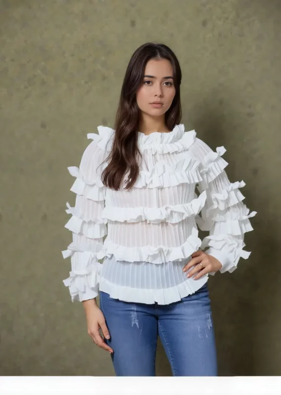 Ruffle Layered Pleated Off Shoulder Top White
