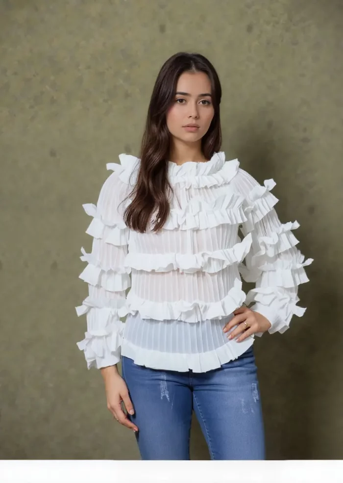 White Ruffle Layered Off-Shoulder Pleated Top - Image 1