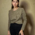 Olive Ribbed Twist-Front Crop Top