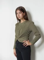 Olive Ribbed Twist-Front Crop Top - Image 3
