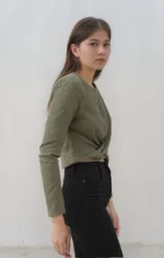 Olive Ribbed Twist-Front Crop Top - Image 6