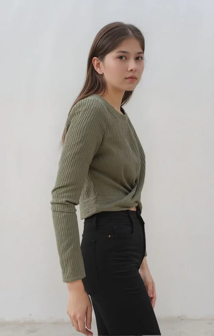 Olive Ribbed Twist-Front Crop Top - Image 6