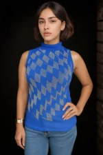 Royal Blue Sleeveless Mock Neck Top with Silver Geometric Pattern - Image 2