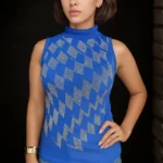 Royal Blue Sleeveless Mock Neck Top with Silver Geometric Pattern