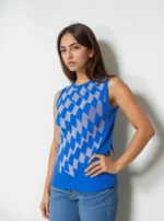 Royal Blue Sleeveless Mock Neck Top with Silver Geometric Pattern - Image 3
