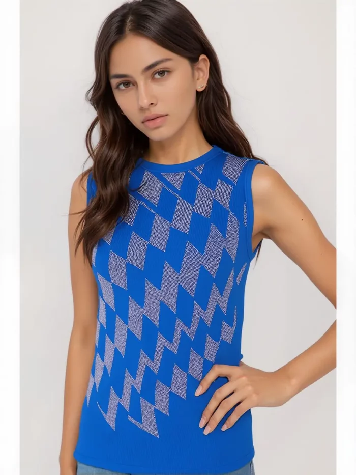 Royal Blue Sleeveless Mock Neck Top With Silver Geometric Pattern - Image 4