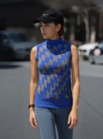 Royal Blue Sleeveless Mock Neck Top with Silver Geometric Pattern - Image 5