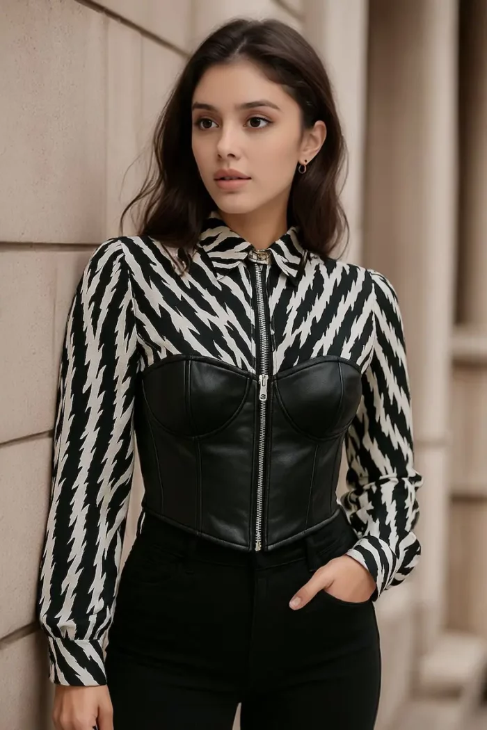 Monochrome Powerplay Faux Leather Corset Shirt - Image 1