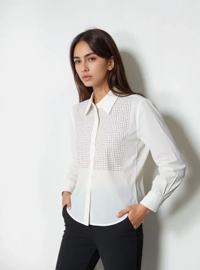 Classic Pearl-Grid Cotton Formal Shirt – Off White - Image 4