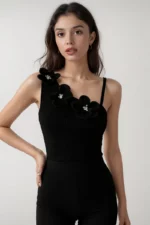 Elegant Black One-Shoulder Top with Floral Appliqué