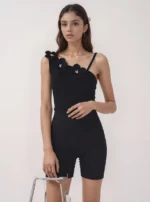 Elegant Black One-Shoulder Top with Floral Appliqué - Image 4