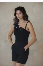 Elegant Black One-Shoulder Top with Floral Appliqué - Image 5