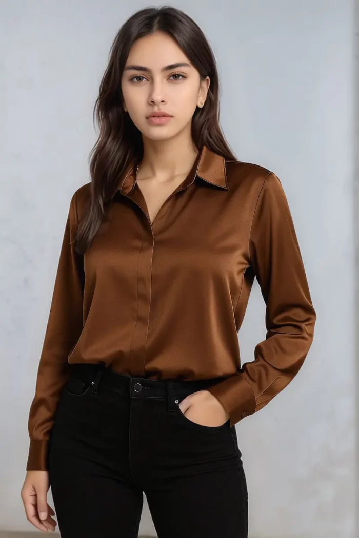 Mocha Satin Button-Up Shirt - Image 2