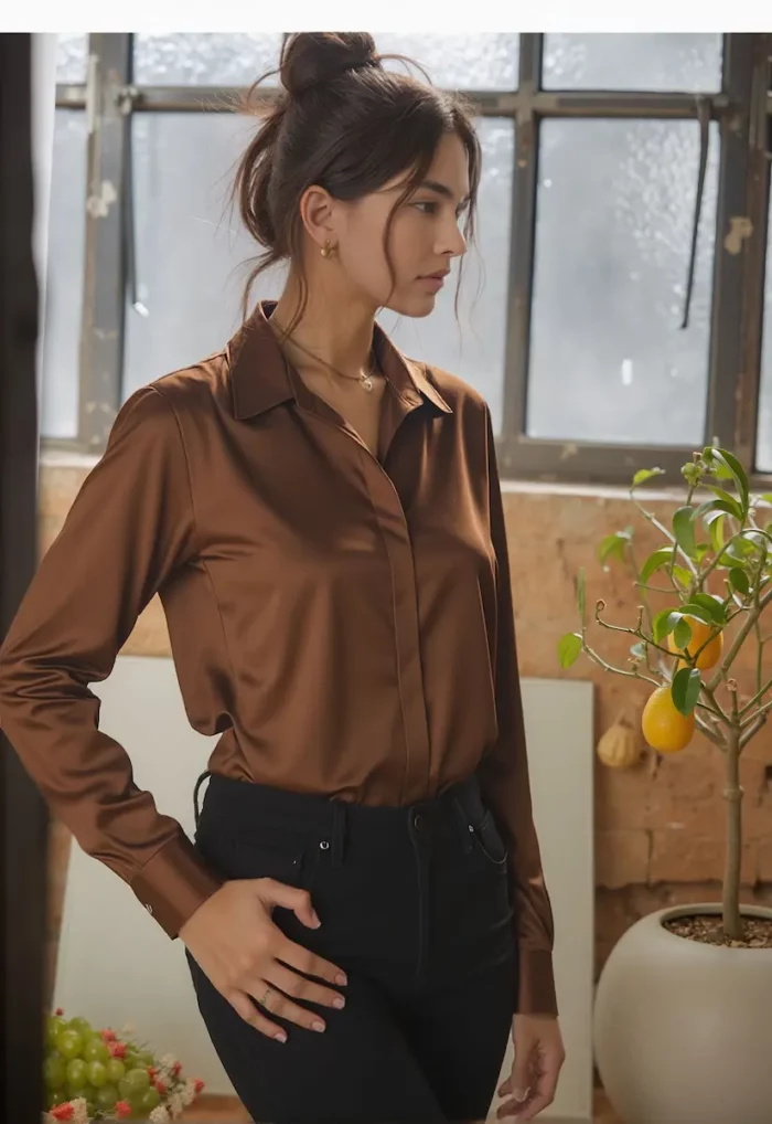 Mocha Satin Button-Up Shirt - Image 3