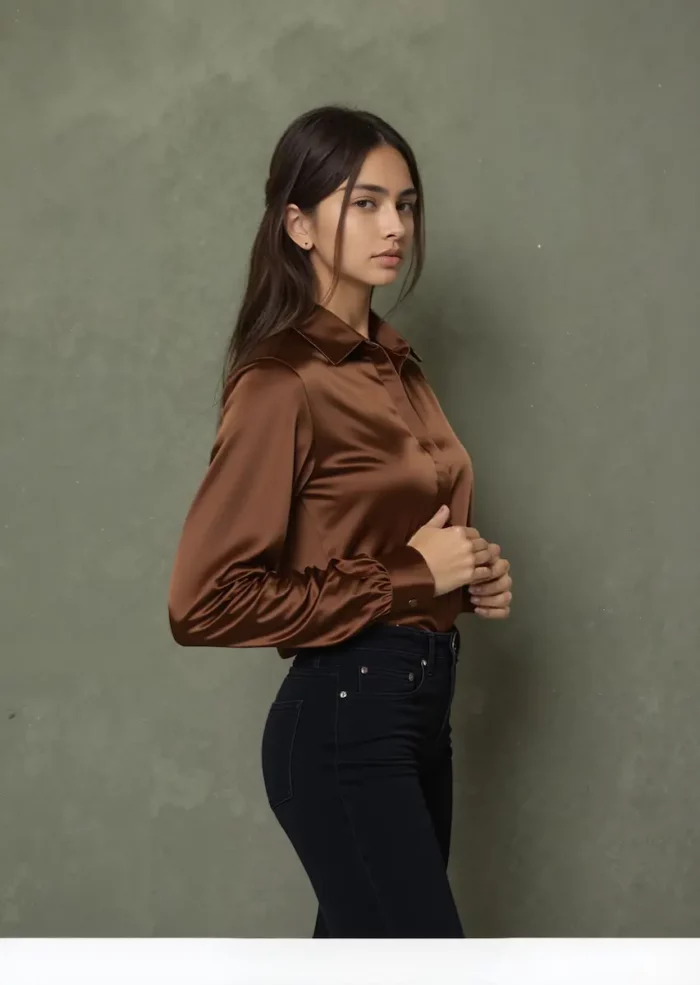 Mocha Satin Button-Up Shirt - Image 5