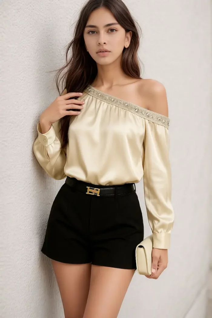 Brown Crinkle Textured Ruched Drawstring Collared Top - Image 2