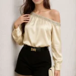 Brown Crinkle Textured Ruched Drawstring Collared top