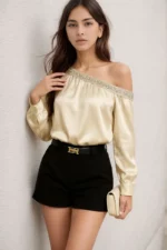 Brown Crinkle Textured Ruched Drawstring Collared top